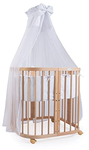 waldin Babybett 7in1, Matratze, Rollen, Regal, Natur | Stoff Weiß, Mitwachsend, Beistellbett aus Holz, Wiege optional