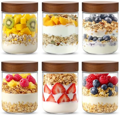 Danmu Art Glass Overnight Oats Jars with Acacia Wood Lids - 6 Pack, 500ml | Meal Prep Containers for Overnight Oats,Breakfast Pots for Yogurt,Pudding,Cereal, Salad – Airtight,Leak Proof,Portion Control