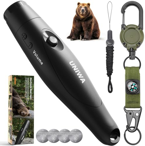 UNIWA Bear Horn - 125± dB Loud Safety Alarm with Compass & Retractable Hook, Compact & Lightweight One-Button Operation for Camping, Hiking, Hunting; Essential for Outdoor Enthusiasts - Black
