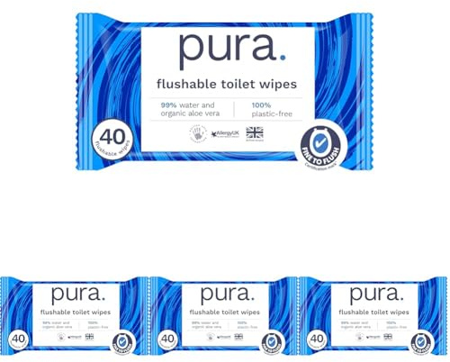 Pura Flushable Moist Toilet Tissue Wipes, 4 Pack of 40 Wet Wipes, 100% Plastic Free, 99% Water Clean Washlets, Certified ‘Fine to Flush’ Biodegradable, Compostable, Vegan, Gentle Clean