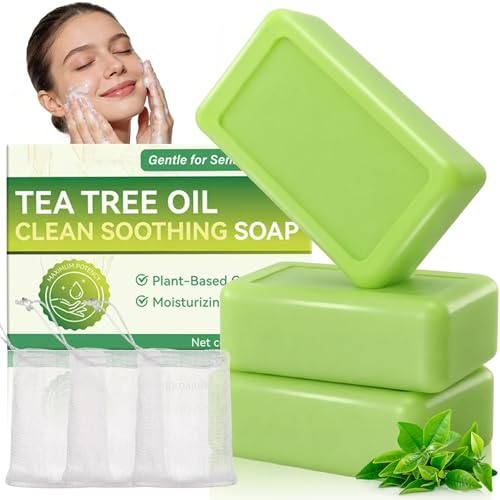 3PCS Tea Tree Soap with Foaming Nets, Natural Handmade Tea Tree Oil Soap for Face, Body & Hand, Essential Oils Acne Soap for Women Men, Address Foot Discomfort and Skin Irritations, Soothe Fresh Skin