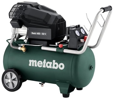 metabo Basic 400-50 V Druckluftkompressor, 10 bar, 50 l Kessel, 2,3 kW | Ölgeschmierter Kolbenkompressor für Werkstatt, 390 l/min Ansaugleistung, mobil & leise, inkl. Universal-Schnellkupplung