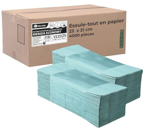 Merida Essuie-mains Papier Pliage V Plié 23 x 21 cm 1 pli vert 32 g/m² | Essuie-mains pliage V Merida ECONOMY, 1 pli, feuille 23 x 21 cm, vert, WC, pour distributeur, salle de sport, station-service