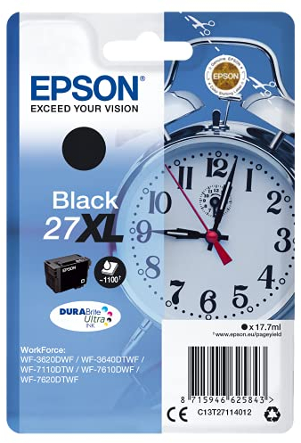 Epson Original 27 Tinte Wecker (WF-3620DWF, WF-3640DTWF, WF-7110DTW, WF-7210DTW, WF-7610DWF, WF-7620DTWF, WF-7710DWF, WF-7715DWF, WF-7720DTWF), schwarz, XL