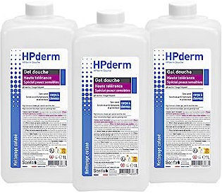 SORIFA - Lot de 3 - HPderm Gel douche HAUTE TOLERANCE - 2 en 1 corps et cheveux - Spécial peaux sensibles, peaux tatouées, cheveux fragilisés - Usage fréquent - pH neutre, sans savon - Flacon 1L