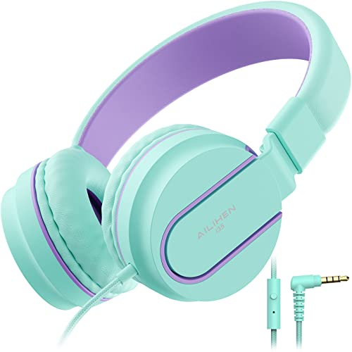 AILIHEN I35 Casque pour Enfant avec Microphone Volume limité 93 DB Filles Garçons Adolescent Casque Filaire Pliable léger pour l'école Cours en Ligne Chromebook Téléphones Portables(Vert Violet)