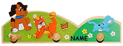 alles-meine.de GmbH Garderobe - Tiere/Hund, Katze & Maus - incl. Namen - aus Holz - Wandhaken Kindergarderobe - mit 3 Kleiderhaken/Hakenleiste - Kind Wandgarderobe - bunt..