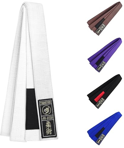 TWISTER FIGHT WEAR Jiu Jitsu BJJ Belt 1.5” Wide for Men Women Adults | Premium Cotton with Woven Patch | 8 Row Stitching |, White, A3