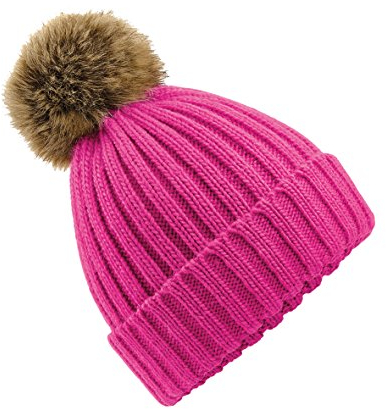 Beechfield Damen Bommel-Mütze Fur Pom Chunky Beanie B412 Fuchsia One Size