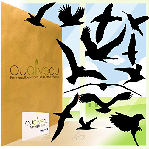 Qualiveau® 12-30cm Große Fensterbilder Aufkleber zum Schutz vor Vogelschlag, Komplettset mit Verklebehilfe, Schwarz