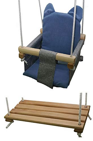 Holz Babyschaukel Kinderschaukel Holz Babywippe Zimmerschaukel Stoff Babysitz Baby Schaukel zum Aufhängen Sicherheitsgurt 2 in 1 Schaukel für Kinder Garten Indoor Outdoor (Grau & Blau)