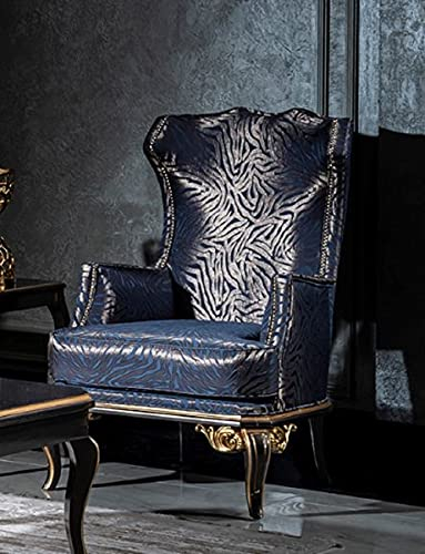 Casa Padrino Luxus Barock Ohrensessel Blau/Schwarz/Gold - Edler Wohnzimmer Sessel mit elegantem Muster - Handgefertigte Barock Möbel