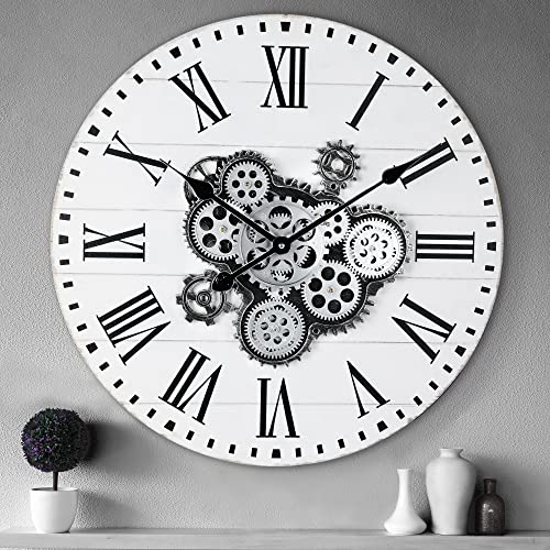 Lafocuse Weiß Wanduhr Große mit Beweglichen Zahnrädern, Industriell Steampunk XXL Wanduhr Holz, Vintage Retro Deko für Küche Wohnzimmer Bar, 57cm