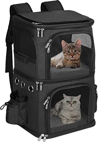 HOVONO Double-Compartment Pet Carrier Backpack for 2 Cats or Small Dogs, Dual Travel Dog Cat Carrier wih Breathable Mesh Windows, Fits Pets up to 20 lbs, Perfect for Traveling/Hiking/Camping, Black