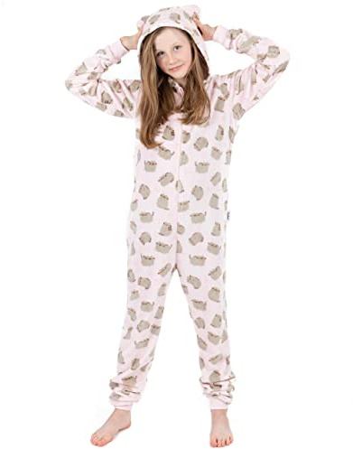 Pusheen the Cat Onesie Purr-fect For Girls | Kids Teens Pink All-Over Print Multi Brown Character OPTIONS Novelty Cat Pyjamas | Sherpa Fleece Hood with Zip 11-12 Years