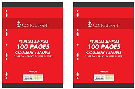 CONQUÉRANT Lot de 2 Feuillets mobiles 21x29,7 cm 100 pages grands carreaux jaunes 80g