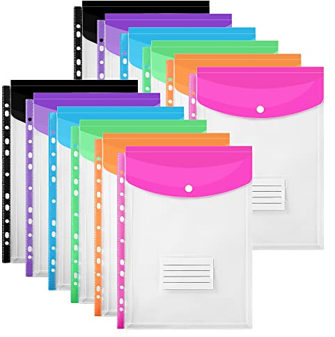 TOOELMON Dokumentenmappe A4, 12 Stück Premium Transparent Dokumententasche Kunststoff mit Druckknopf, Erweiterbare Wasserdicht Dokumenten Mappe, 6 Farben