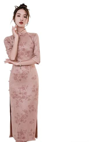 Cheongsam Maniche Lunghe da Donna - Autunno Manica Lunga Stile Cinese Qipao Rosa Tradizionale Cheongsam Retro Lato Split Elegante Floreale Donne Qipao, Rosa, S