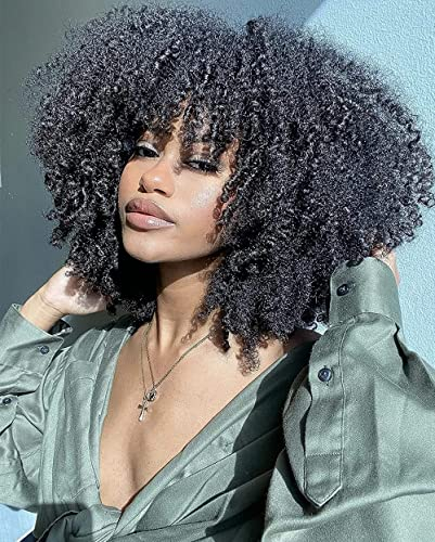YEESHEDO Damen Kurze afro locken Schwarz perücken, Natürliche weiche flauschig Haar kinky curly perücke mit pony für frauen, Afro locke synthetische perücke für party cosplay täglich (1B#)