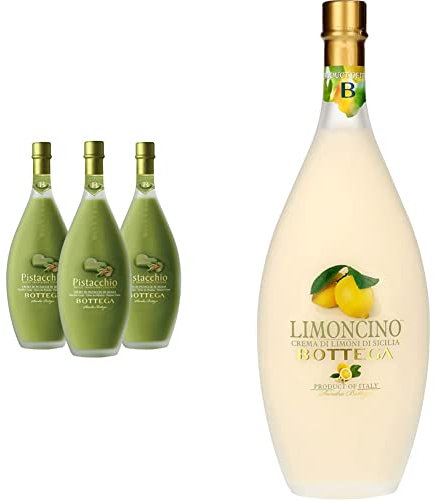 Bottega Pistacchio Liquore - 3 Bottiglie da 500 ml & Bottega - Limoncino Crema di Liquore di Limoni di Sicilia - 50cl
