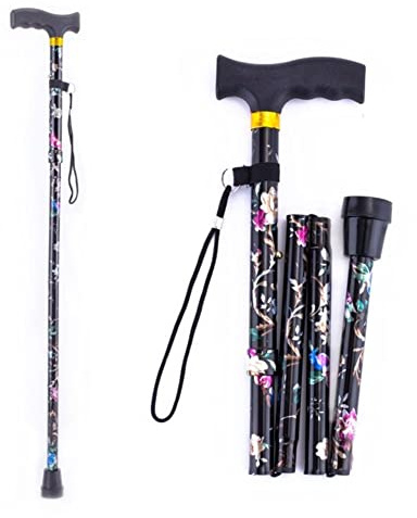 WARESHARK Walking Stick, Easy Adjustable Height Folding Extendable Walking Cane, Lightweight Flexible and Durable Walking Aid Mobility Aid Collapsible Walking Stick (Black with Flowers)