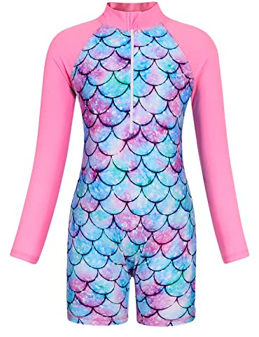 Girls Swimming Costume Girls Swimsuit Kids One-Piece Rash Guard 2-13 Years | UV Protection Long Sleeve Swimming Costumes Mermaid Swimsuits Summer Beach Holiday Childs Swimwear
