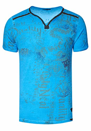 T-Shirt Herren S M L XL XXL 3XL Wildlederband mit Zier-Nieten V-Neck Verwaschen Used-Look Regular Fit Skull X Wings X Snake Print 297