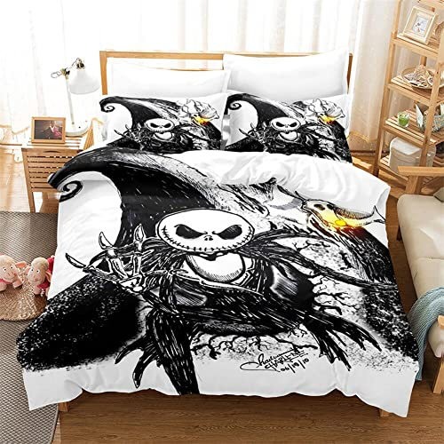 MIUNNG The Nightmare Before Christmas Totenkopf-Muster, leichtes Mikrofaser-Bettwäsche-Set mit Bettbezug und Kissenbezügen für Jungen und Mädchen (Nightmare 1,135 x 200 cm)
