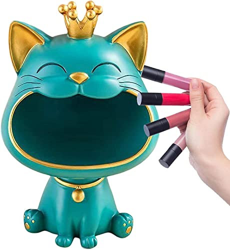 RZXBB Großer Mund Katzen Deko Schale,Glückskatze Skulptur Schlüssel Aufbewahrung,Schmuck Box,Lachende Katze Figuren Lagerung Box,Katze Skulptur Statue Harz Für Home (Grün)
