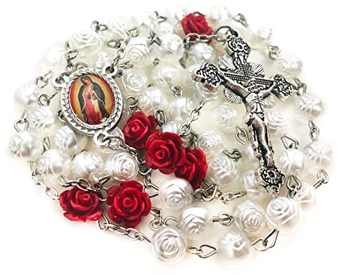 Our Lady of Guadalupe Pearly Rose Rosary Beads Catholic for Women - Catholic Gifts - Rosary Necklace for Women