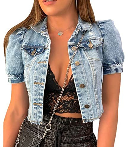 Ailler Women's short-sleeved denim jacket, casual denim jacket, plain, vintage, short jacket, outerwear