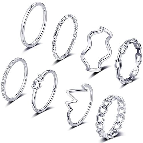 FUNEIA 8-teiliges 14 Karat vergoldetes Ringe-Set - Gold Damen Stapelringe Fingerring - Herz CZ Dünn Verlobungsring Eheringe - Goldene Ringe Set Wasserfest Schmuck (Silber Set 1, 62（19.8）)