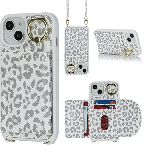 CAVOR Handyhülle Kompatibel Mit iPhone 14/13 Mit Band,Handykette Flip Leder Geldbörse Karten Hülle,[Mit 3 Kartenfach][Ringhalterung][Magnetisch],Umhängen Handyhülle - Weiß Leopard