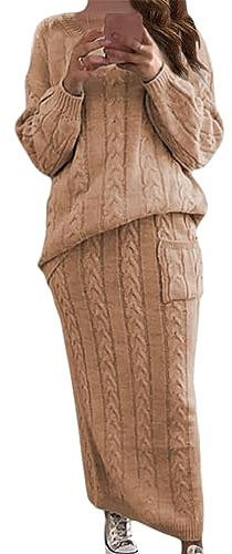ORANDESIGNE Damen Strickkleid 2 Stücke Gestrickter Rock Set Zweiteiliger Anzug Rundhals Pullover Oberteil und Langer Strickrock Bodycon 2 Stück Set Maxikleid Pulloverkleid A Khaki XL
