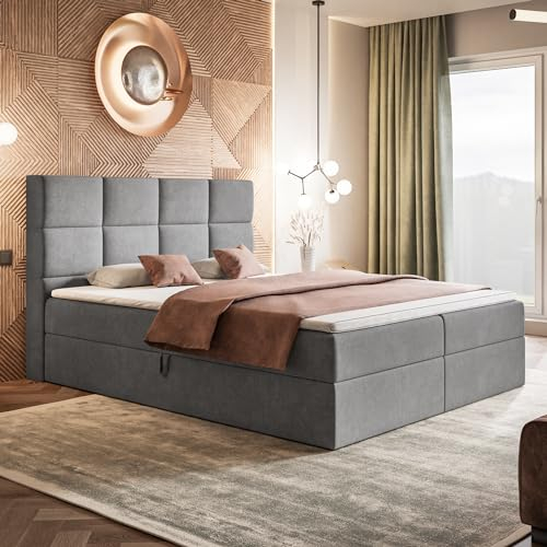 MOTIVENA Alfa Boxspringbett 140x200 mit Bettkasten und Topper, Polsterbett 140x200 mit Bettkasten, Taschenfederkern-Matratze (H3), T28 Komfortschaumstoff Topper (H3), Samt, Grau (Hellgrau)