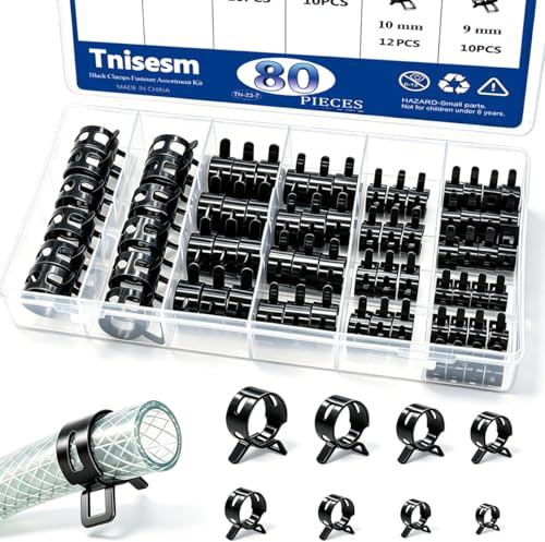 Tnisesm 80Pcs Spring Band Hose Clamps Assortment kits Silicone Vacuum Hose Pipe Clamp 7mm 9mm 10mm 11mm 14mm 15mm 16mm 18mm Low Pressure Air Clip Clamp(Black)