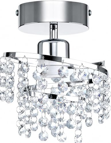 Moderne Kristall Deckenleuchte E27 Flur Lampe mit Chrom Metall 1-Flammig Lampenschirm Rund Kronleuchter verchromte Deckenlampe Flurlampe für Korridor Foyer Treppenraum Umkleideraum Balkon (PE-D1)