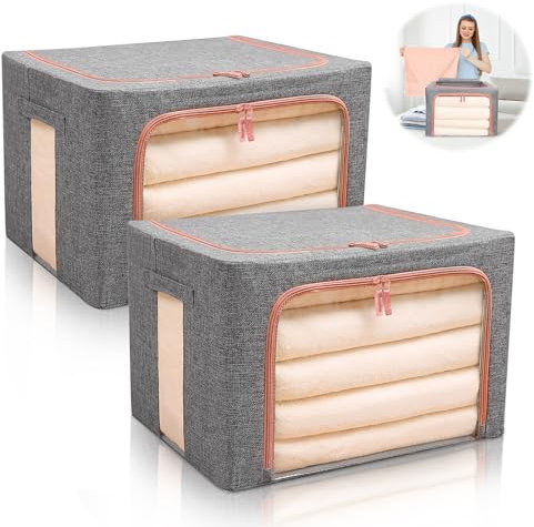 Minicoco Clothes Storage Bags 2 Pack Closet Organizers and Storage Foldable Oxford Cloth Steel Frame Box with Reinforced Handle & Clear Window-Great for Storing Duvets Blankets,Clothes,Sweaters Toys