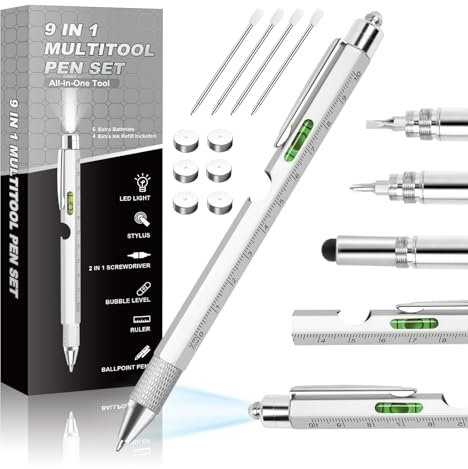 Pen Gifts for Men, Cool Gadgets 9 in 1 Multitool Pen, Stocking Stuffers for Men Women, Useful Gadgets Gift for Him Dad Husband Women on Christmas, Valentine's Day, Father's Day, Birthday (Silver-S)