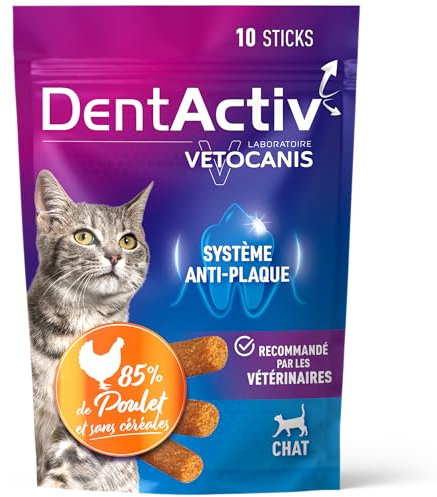 Vetocanis - Dentactiv - Stick Dentaire - Friandises pour Chat Gourmandes - Hygiène et Santé du Chat - Riche en Viande - 85% de Poulet - Recommandé par Les Vétérinaires - Système Anti-Plaque