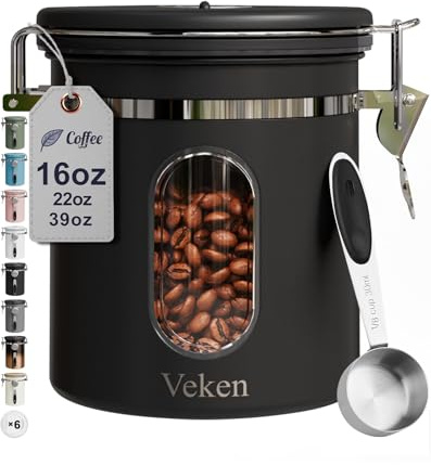 Veken Coffee Canister with Window, Airtight Stainless Steel Kitchen Food Storage Container with Lids, Date Tracker and Scoop for Grounds Coffee, Beans, Tea, Flour, Cereal, Sugar Jars, 16OZ, Black