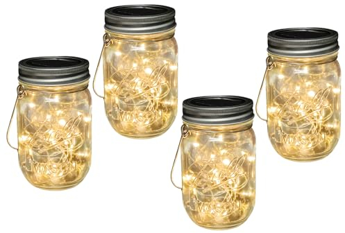 4 Stuck Solar Mason Jar Licht LED, Lichterkette im Einmachglas Warmeweiße Laterne, Mason Jar Lampions Balkon Tischleuchte Dekoration Aussen, Wasserdichte Hängeleuchte für Garten Party Hochzeit
