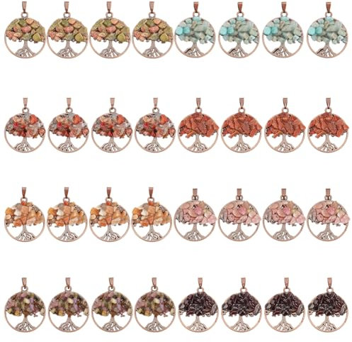 WADORN 32 pz Ciondolo Albero Della Vita, 8 collana In Pietra di Quarzo Cristallo Naturale Colorato di Stili, Ciondolo con Ciondolo per Collana Chakra con Pietra Preziosa per Creazione, Rame Rosso