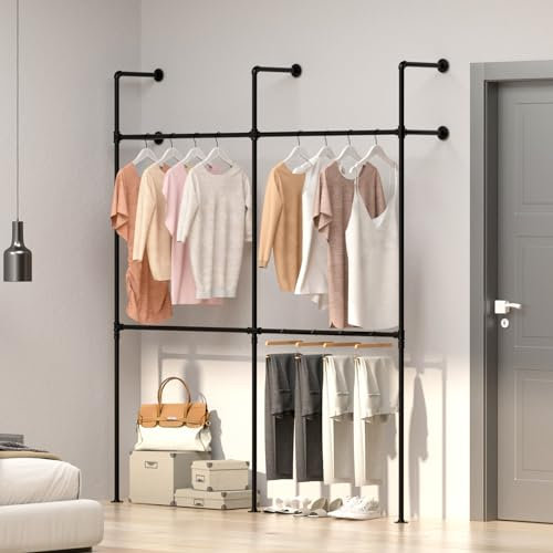 SMONTER Offener Kleiderständer wandmontage höhenverstellbar, begehbarer kleiderschrank wandmontage, indusrial schwarz aus Metall Wasserrohren, 195cm(L)*222cm(H), 4 Gitter
