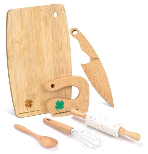 LETTO & TAILOR Wooden Children's Knife and Baking Set for Real Cooking, 6 Pieces Toddler Montessori Kitchen Tools, Cooking and Baking for Small Chefs