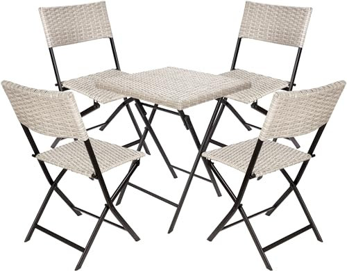 BRUBAKER Balkonset Lugano mit Tisch und 4 Stühlen - Wetterfest klappbar und platzsparend - Polyrattan Balkonmöbel Set - Sitzgruppe für Balkon Terrasse - Bistroset mit Klappstühlen - Grau/Beige