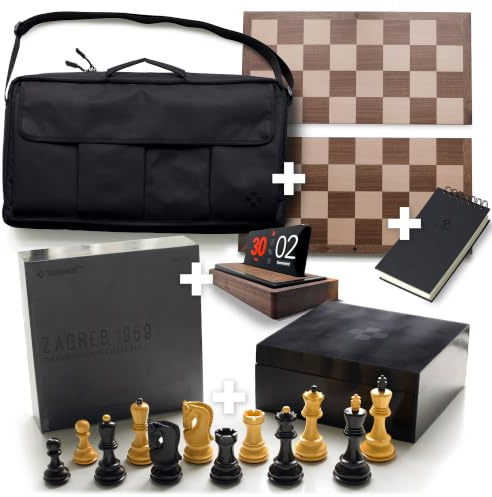 Tempest Chess Ensemble: Schachspiel aus Holz + tragbares Schachbrett aus Hartholz + Tragetasche + Aufbewahrungsbox + Punktebuch + Tempest Deluxe Schachuhr/Dock (Zagreb 1959 Ultimate Ensemble)