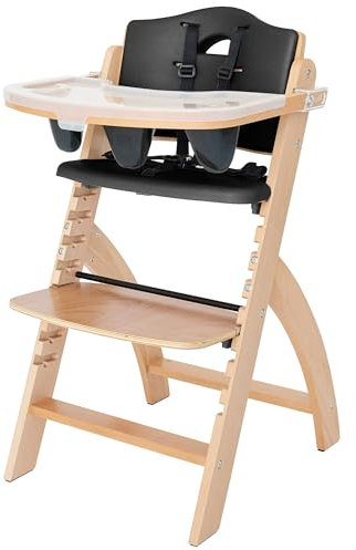Abiie Beyond Junior Wooden High Chair with Tray - Adjustable and Convertible High Chair for Babies and Toddlers - 6 Months to 250 Lb - Water Resistant - Natural Wood with Black Pearl Cushion