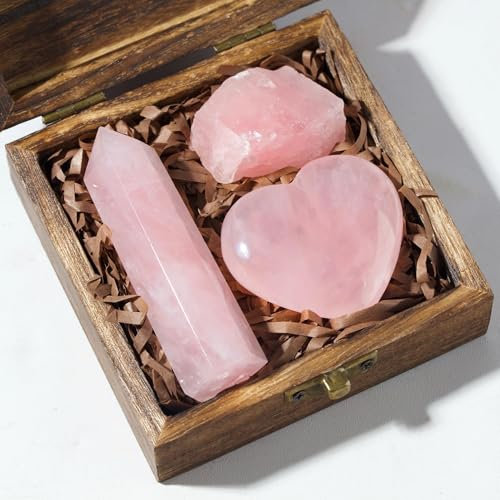 Anima Premium Rosenquarz Stein Set – Rosenquarz Turm, Herz und Rohkristalle – Große Kristalle Heilsteines in Holzbox – Ideales Spirituelles Geschenk für Frauen - für Liebe und Emotionale Balance