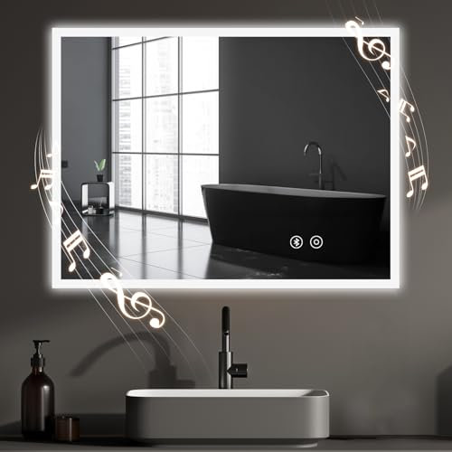 YOLEO Bluetooth Bathroom Mirror with LED Lights, 800x600mm Illuminated Bathroom Mirror, Wall Mounted Vanity Mirror with 3 Colors Dimmable, Anti-Fog, Touch Switch, Waterproof IP44, Horizontal/Vertical